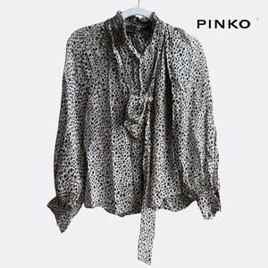 Pinko Women's Leopard Print Long Sleeve Blouse with Neck Tie – Size US 1 (S/XS)